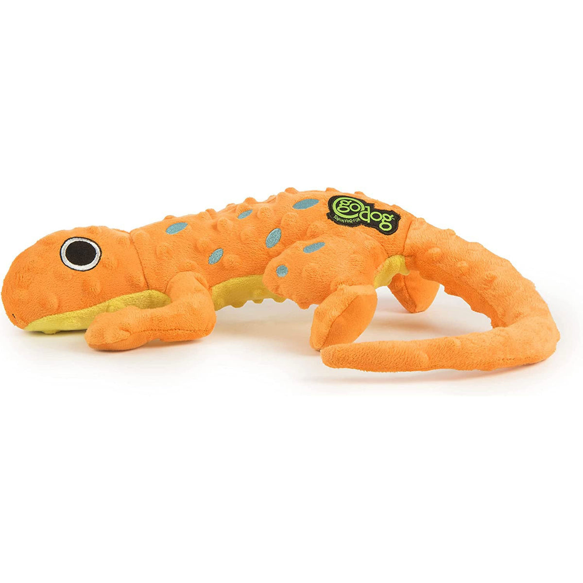 goDog Amphibianz Gecko Plush Dog Toy - Orange - side profile with goDog logo - PetMax Canada