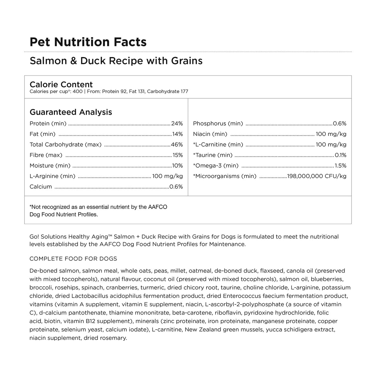 Go! Solutions Healthy Aging Salmon + Duck Recipe With Grains Dry Dog Food - Pet Nutrition Facts panel: calorie content, guaranteed analysis and ingredients - PetMax Canada