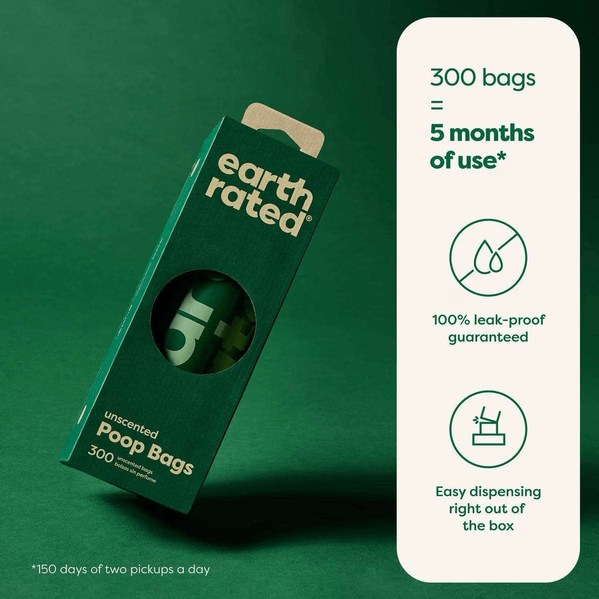 Earth Rated 300 Unscented Dog Waste Bags on a Single Roll - 300 Bags - Waste Management - Earth Rated - PetMax Canada