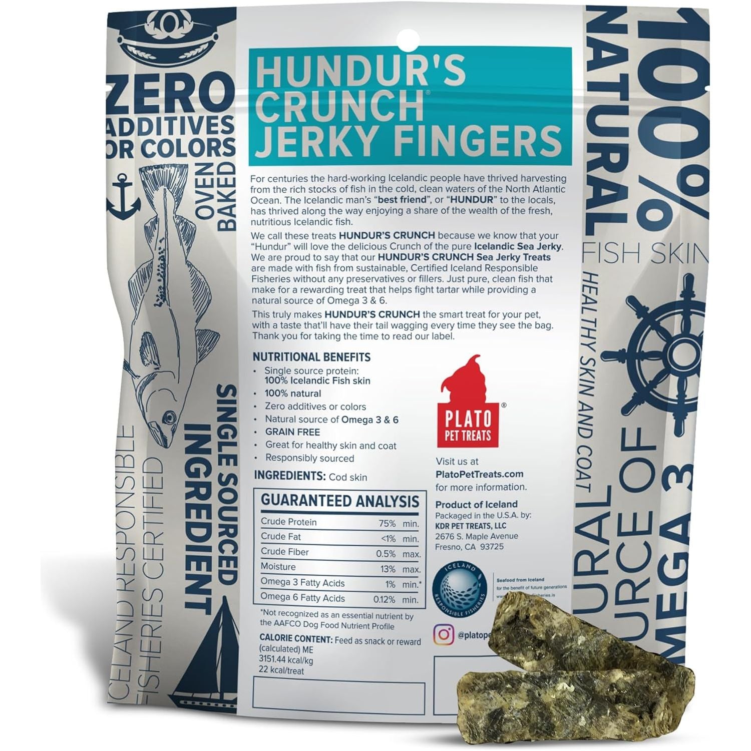 Plato Pet Hundur's Crunch Jerky Fingers Cod Skin