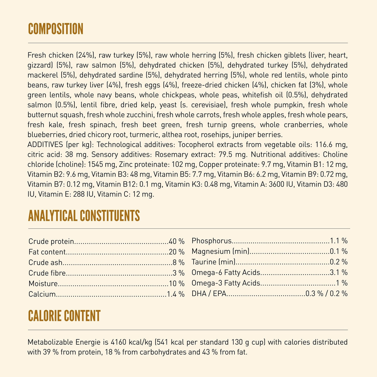 Orijen Wild Reserve Free-Run Chicken & Wild-Caught Fish Recipe Dry Cat Food - Composition, analytical constituents and calorie content panel - Orijen - PetMax Canada