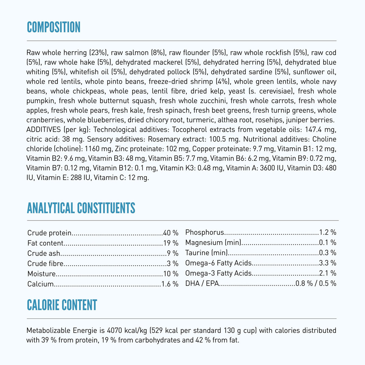 Orijen Wild Reserve Wild-Caught Fish Recipe Dry Cat Food - nutrition panel with composition, analysis and calories - Orijen - PetMax Canada