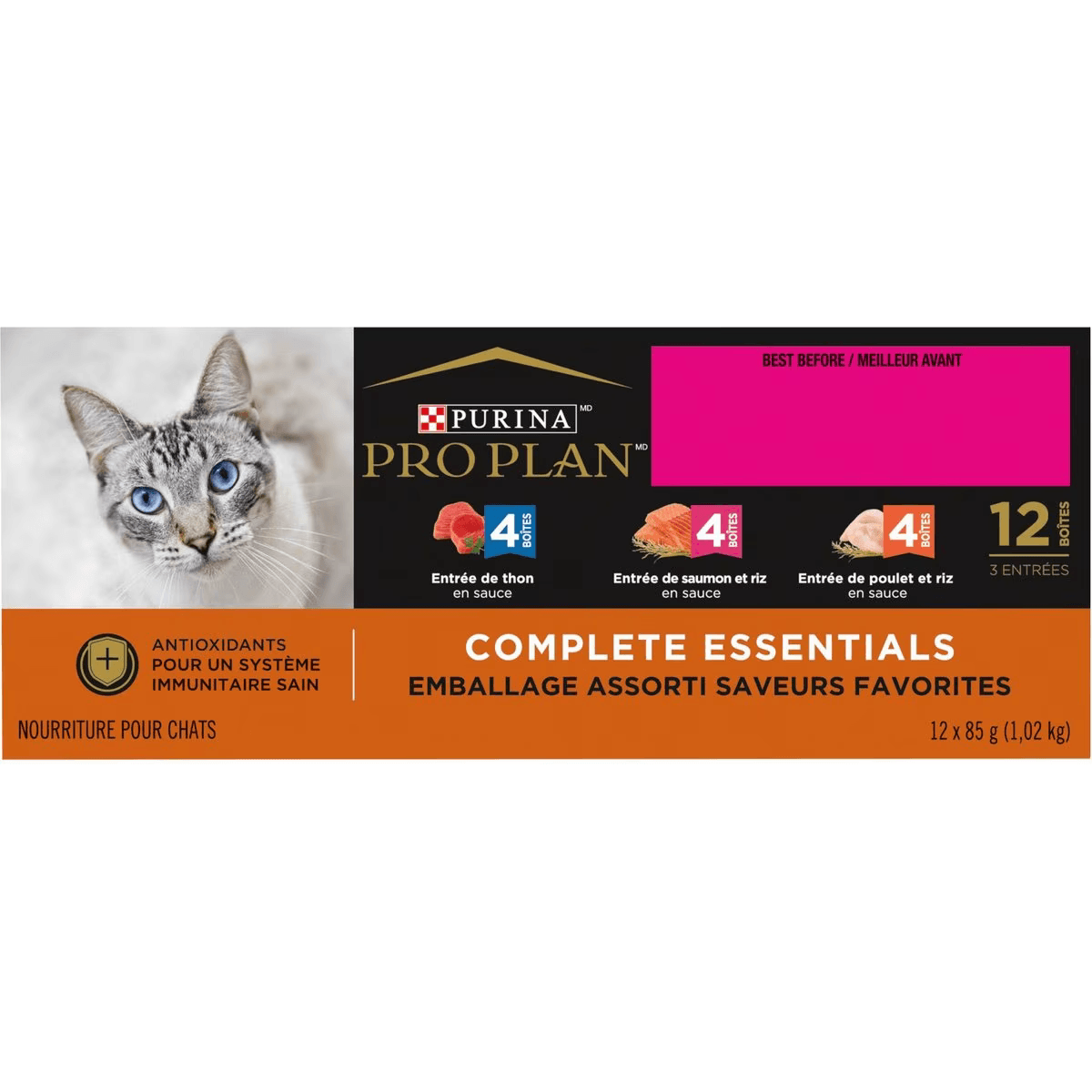 Purina Pro Plan Complete Essentials Favourites Tuna Entree, Salmon & Rice Entree, Chicken & Rice Entree Variety Pack Wet Cat Food - 12 Pack: 85g - Canned Cat Food - Purina Pro Plan - PetMax Canada