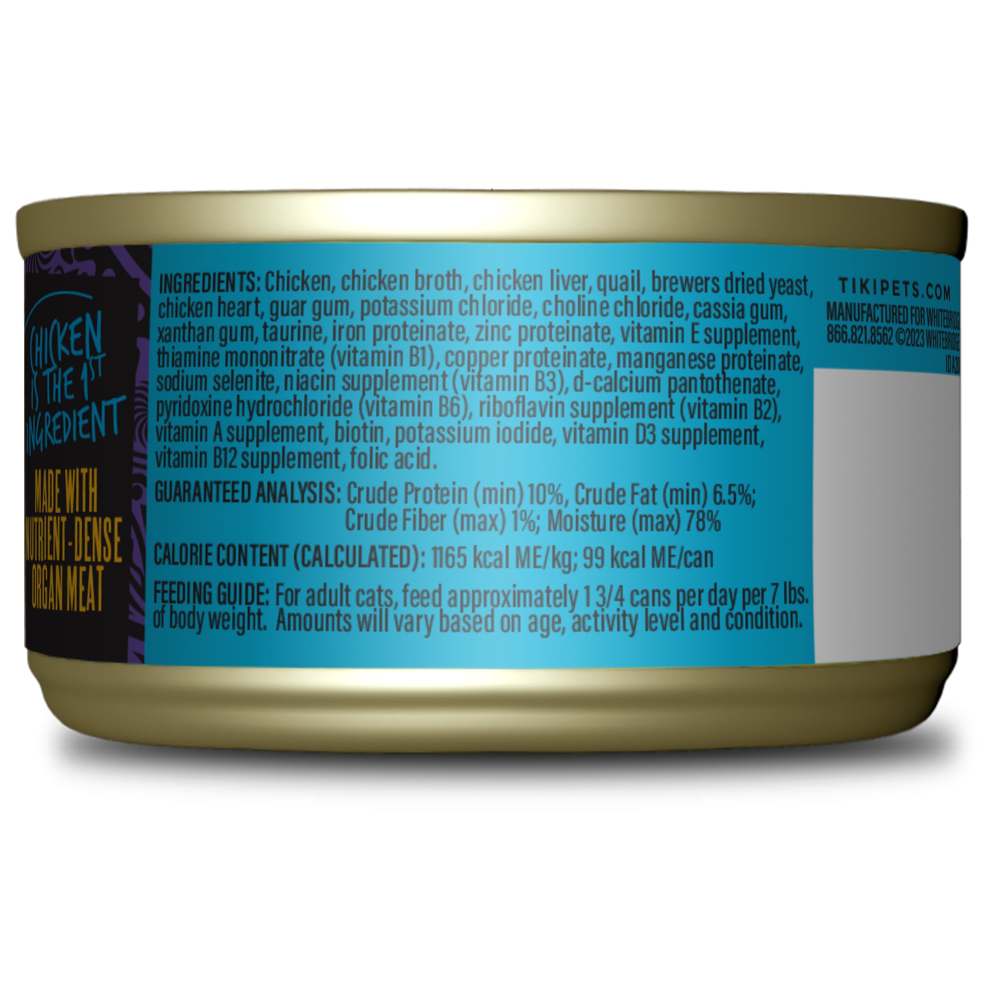 Tiki Cat After Dark Pâté Chicken, Chicken Liver & Quail Recipe Wet Cat Food - Back of Pack Nutrition Info - Tiki Cat - PetMax Canada