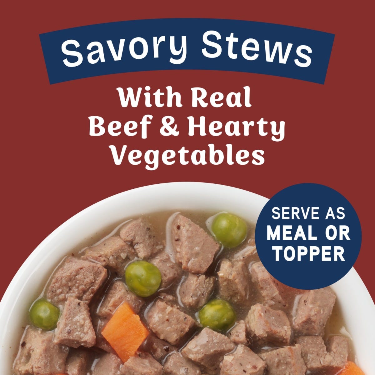 Natural Balance Health Protection Beef, Pumpkin & Brown Rice Stew Wet Dog Food - 354g - lifestyle food shot banner - 'Savory Stews With Real Beef & Hearty Vegetables / Serve As Meal Or Topper' - Natural Balance - PetMax Canada