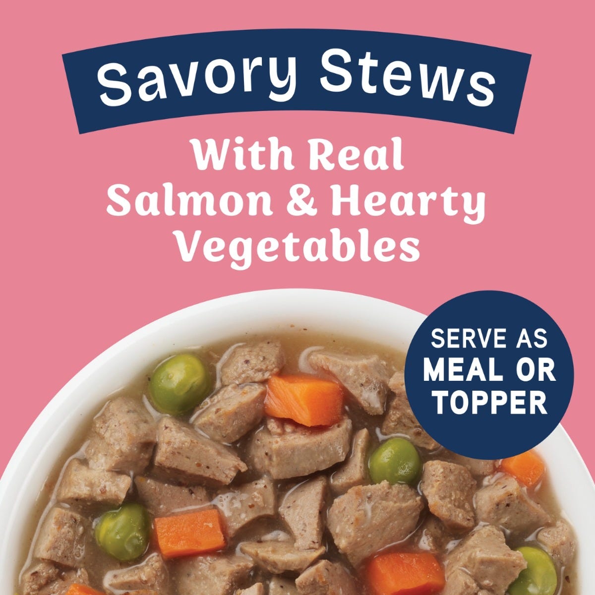 Natural Balance Health Protection Salmon, Pumpkin & Brown Rice Stew Wet Dog Food - 354g - lifestyle food shot banner - 'Savory Stews With Real Salmon & Hearty Vegetables / Serve As Meal Or Topper' - Natural Balance - PetMax Canada