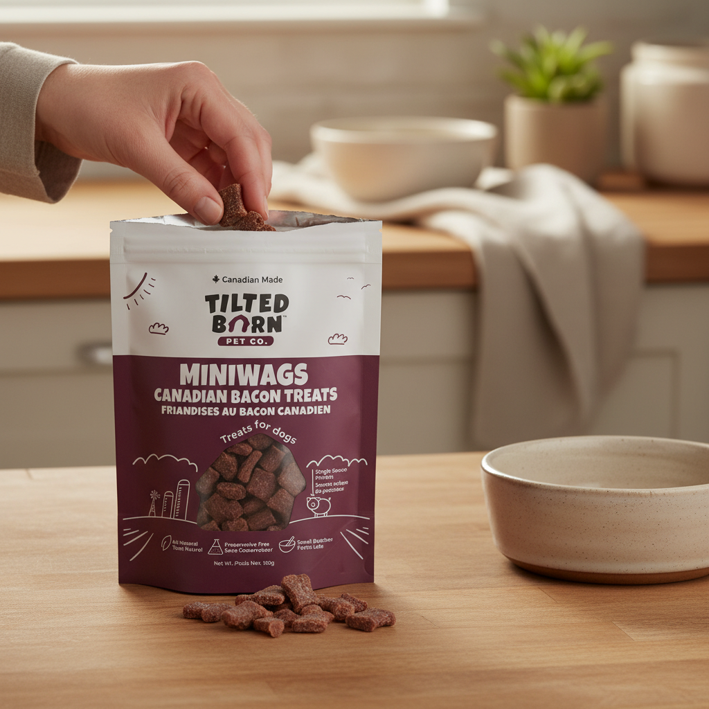 Person taking a dog treat from a bag of Tilted Born Pet Co. Miniwags Canadian Bacon Treats on a kitchen counter.