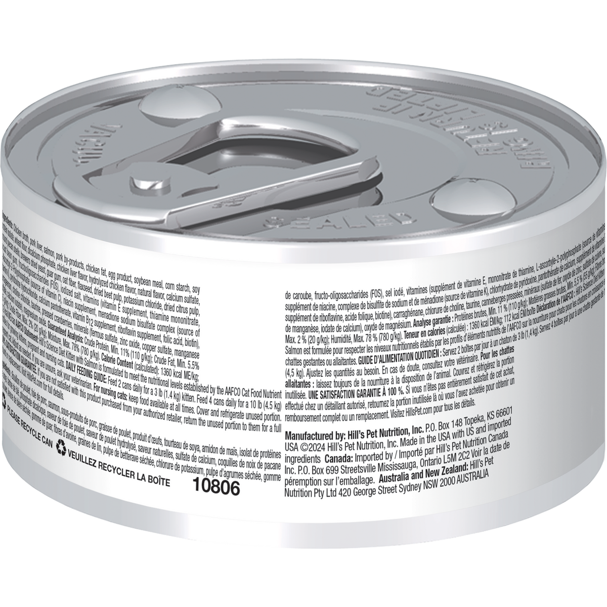 Hill's Science Diet Kitten Savory Salmon Entrée Canned Cat Food - Back of can with ingredients, guaranteed analysis and feeding guide - PetMax Canada