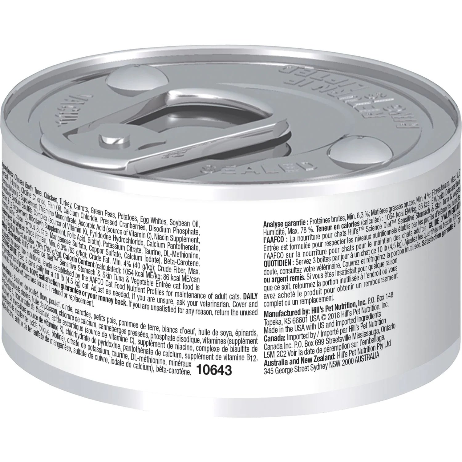 Hill's Science Diet Sensitive Stomach & Skin Tuna & Vegetable Cat Food - Label - Hill's Science Diet - PetMax Canada