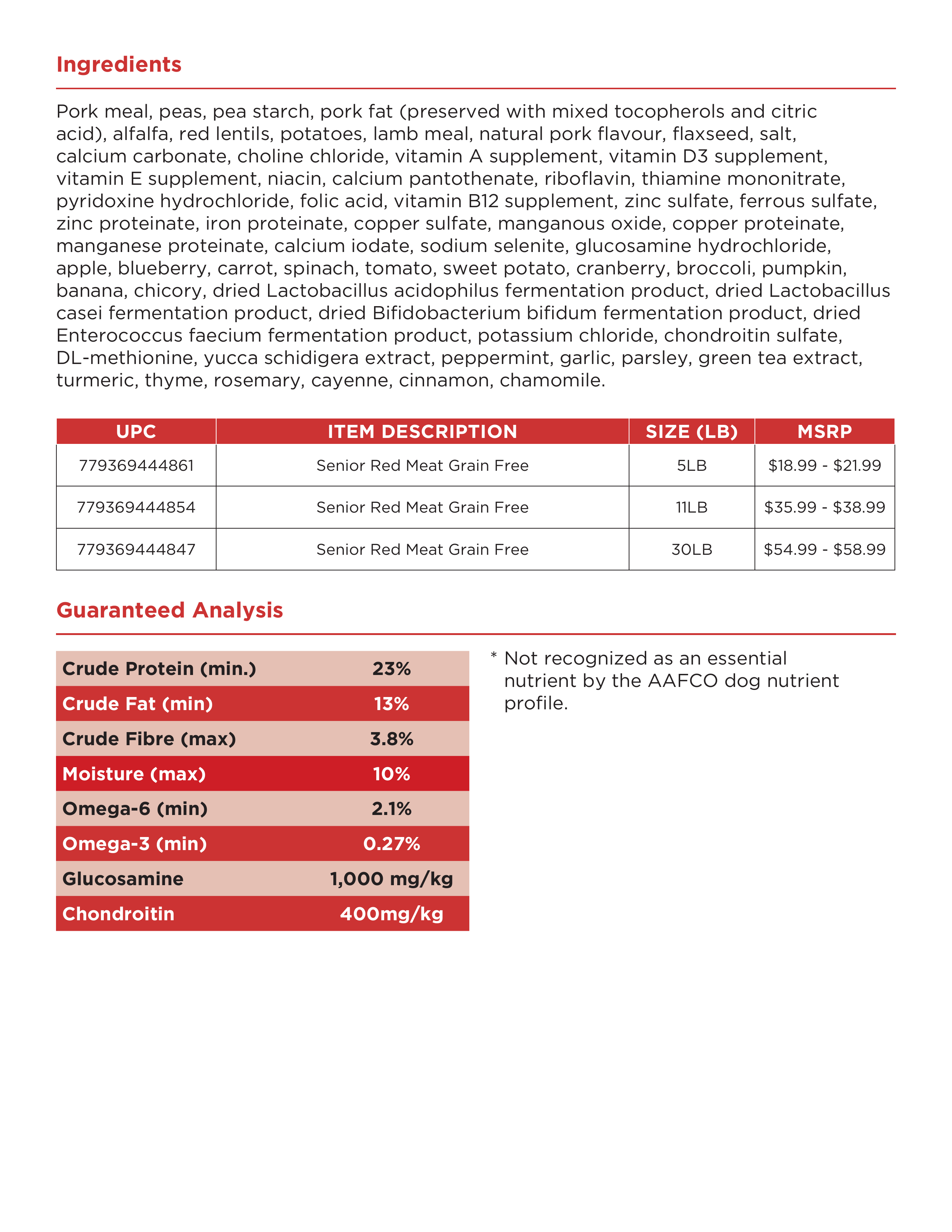 Canadian Naturals Grain Free Senior Red Meat — ingredients and guaranteed analysis