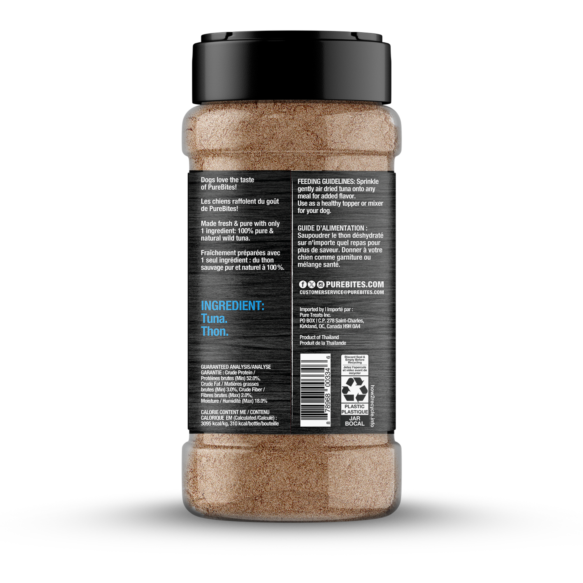 Pure Bites Air Dried Sprinkles Tuna Flavour Topper For Dogs - back of package ingredients and guaranteed analysis panel - Dog Treats - PureBites - PetMax Canada