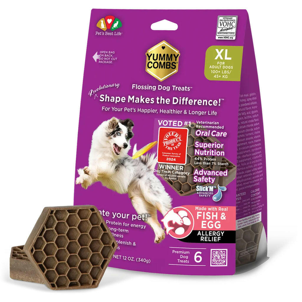 Yummy Combs Vet Approved Dental Fish & Egg Dog Treats - X-Large 340g bag front - PetMax Canada
