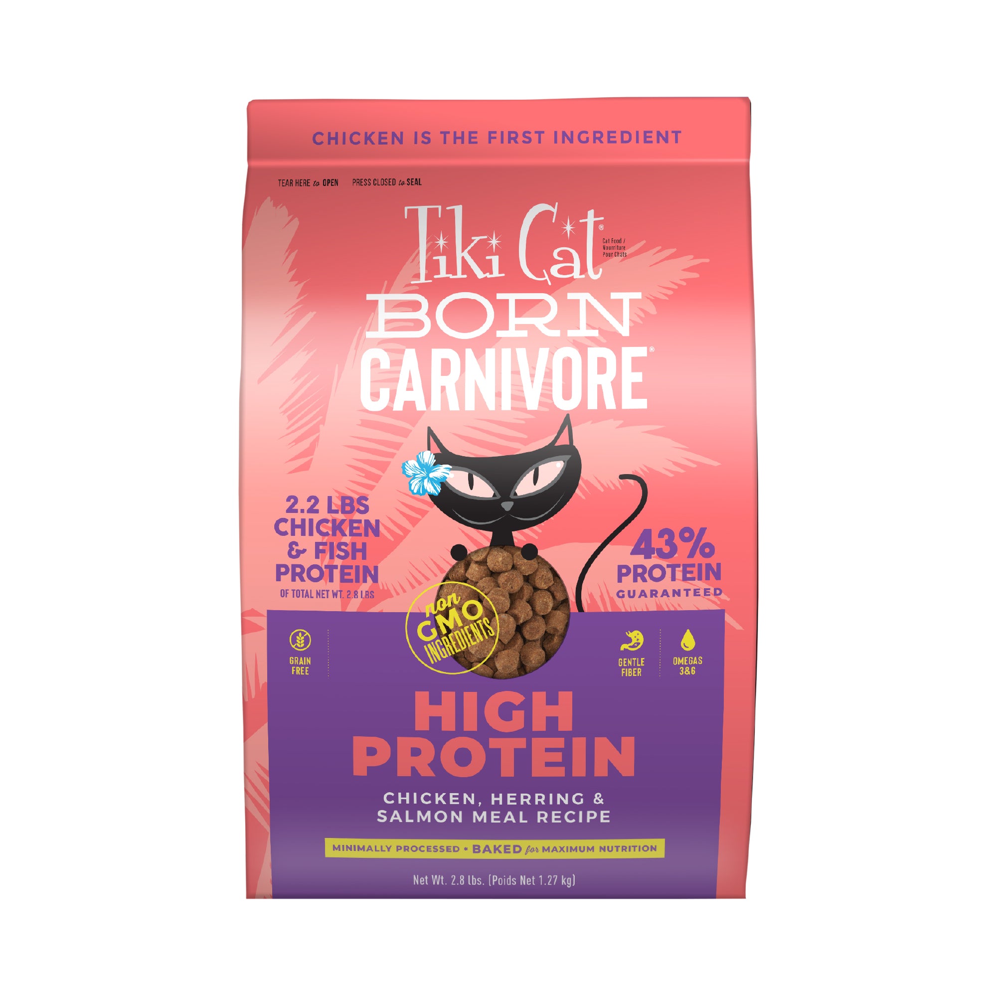 Tiki Cat Born Carnivore High Protein Chicken, Herring & Salmon Meal Recipe Dry Cat Food - Front of Bag - Tiki Cat - PetMax Canada