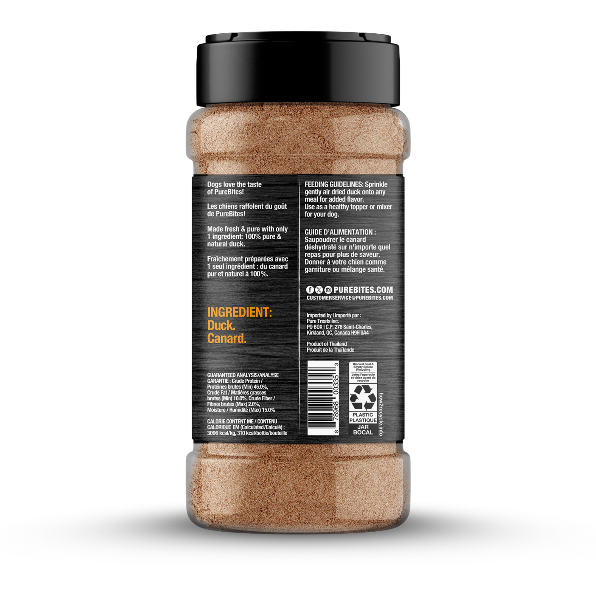 Pure Bites Air Dried Sprinkles Duck Flavour Topper For Dogs - back of package ingredients and guaranteed analysis panel - Dog Treats - PureBites - PetMax Canada