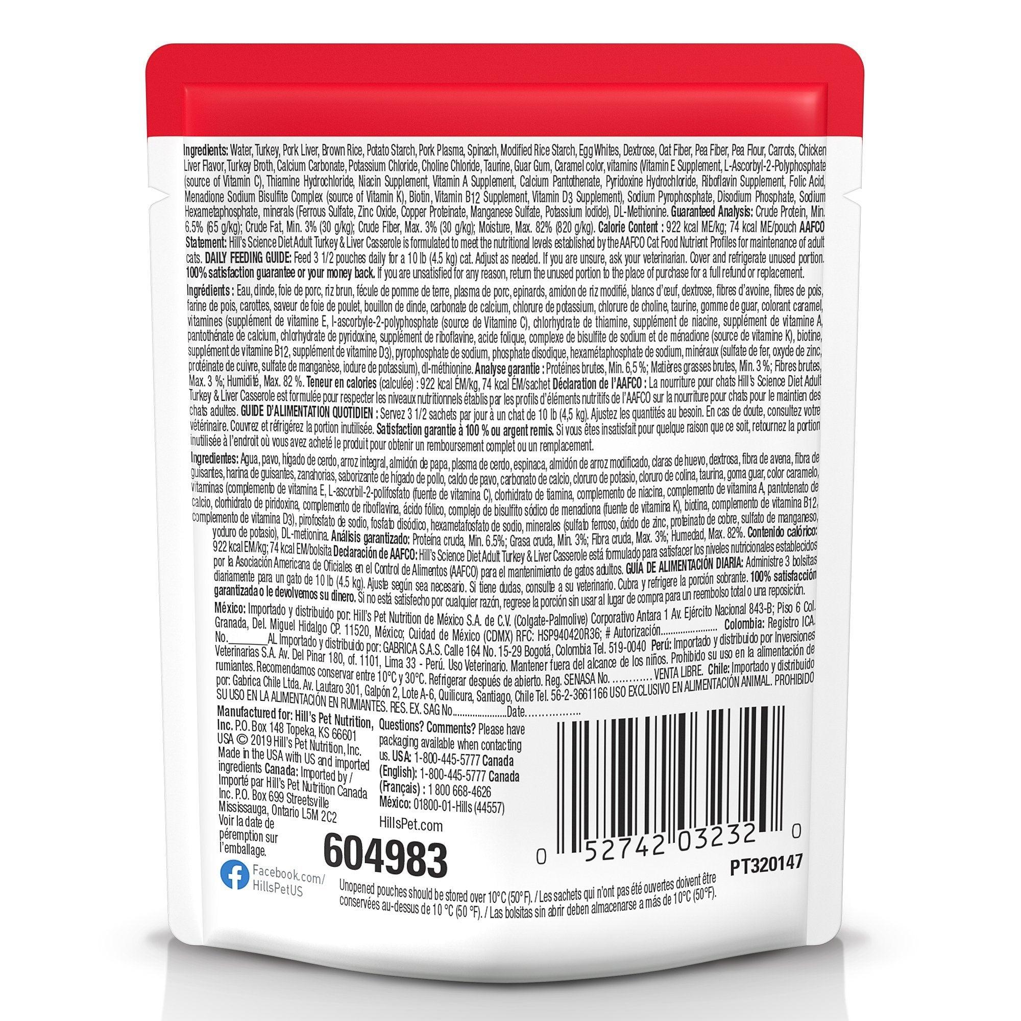 Hill's Science Diet Adult Wet Cat Food, Turkey & Liver, 79g pouch - 79g - Canned Cat Food - Hill's Science Diet - PetMax Canada