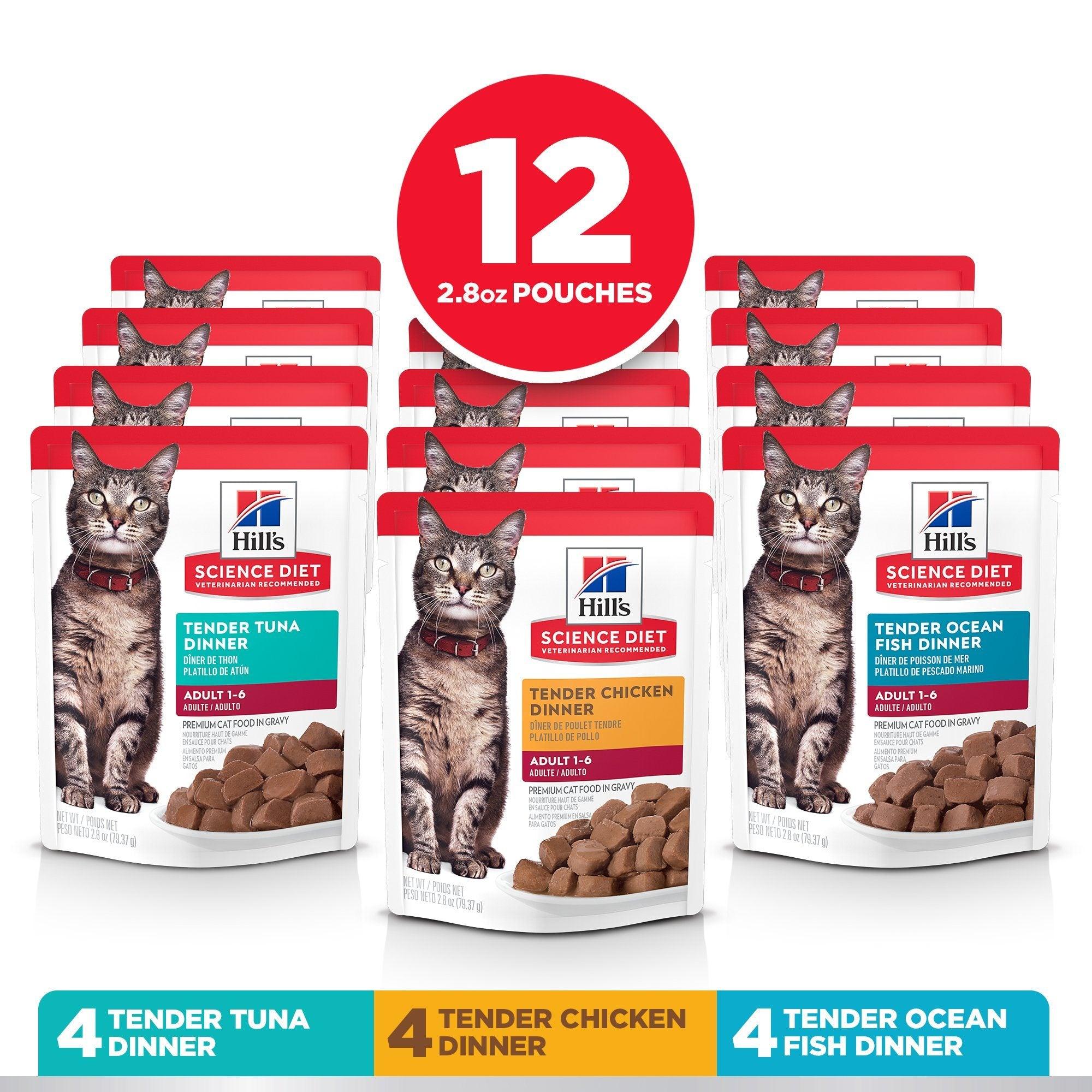 Hill's Science Diet Adult Wet Cat Food Pouch Variety Pack, Chicken, Tuna, and Ocean Fish 79g pouch - 12 pouches - Canned Cat Food - Hill's Science Diet - PetMax Canada