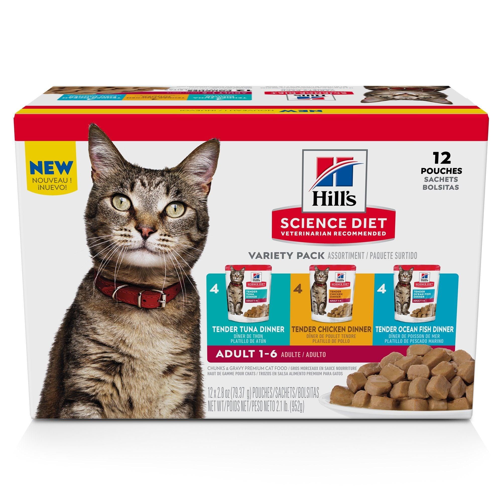 Hill's Science Diet Adult Wet Cat Food Pouch Variety Pack, Chicken, Tuna, and Ocean Fish 79g pouch - 12 pouches - Canned Cat Food - Hill's Science Diet - PetMax Canada
