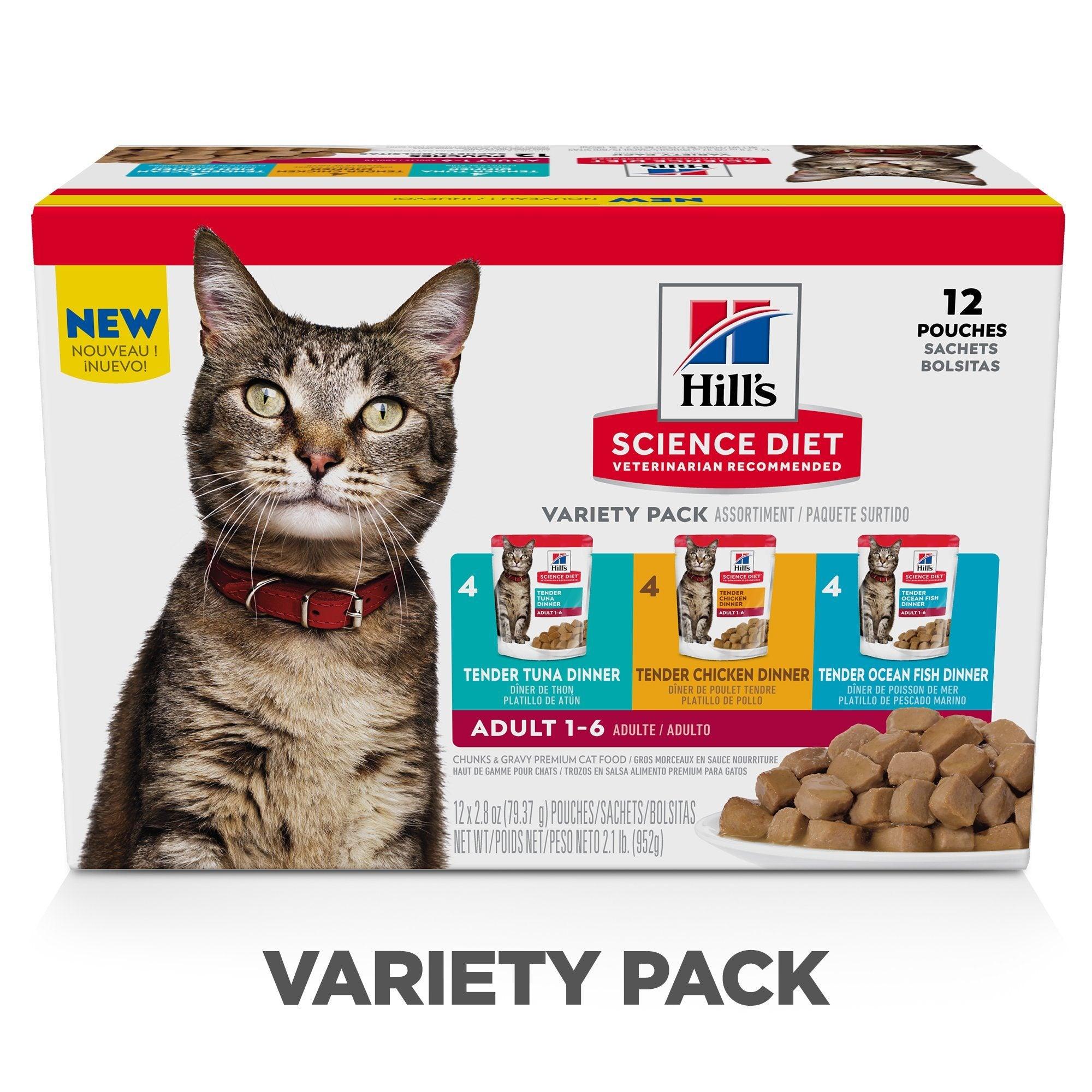 Hill's Science Diet Adult Wet Cat Food Pouch Variety Pack, Chicken, Tuna, and Ocean Fish 79g pouch - 12 pouches - Canned Cat Food - Hill's Science Diet - PetMax Canada