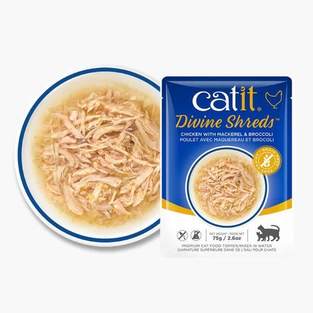 CatIt Divine Shreds Wet Pouches Chicken, Mackerel & Broccoli - 75g - Canned Cat Food - Catit - PetMax Canada