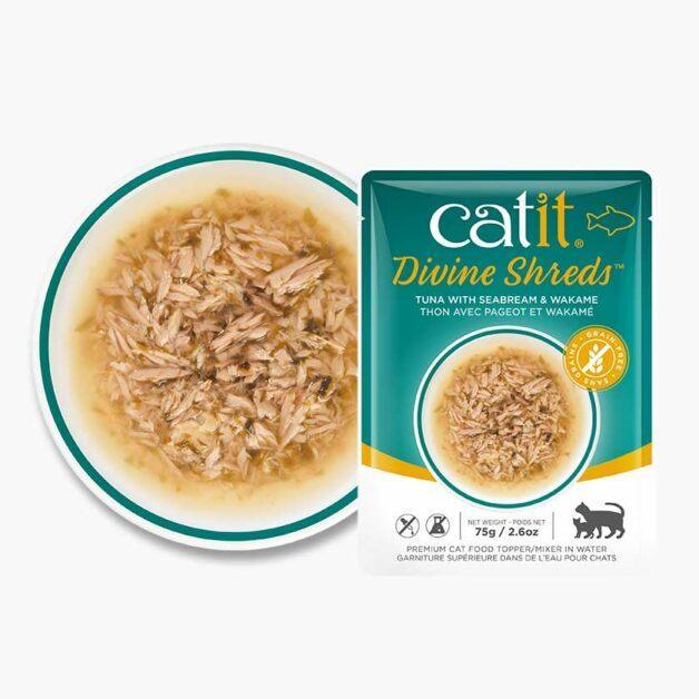 CatIt Divine Shreds Wet Pouches Tuna, Seabream & Wakame - 75g - Canned Cat Food - Catit - PetMax Canada