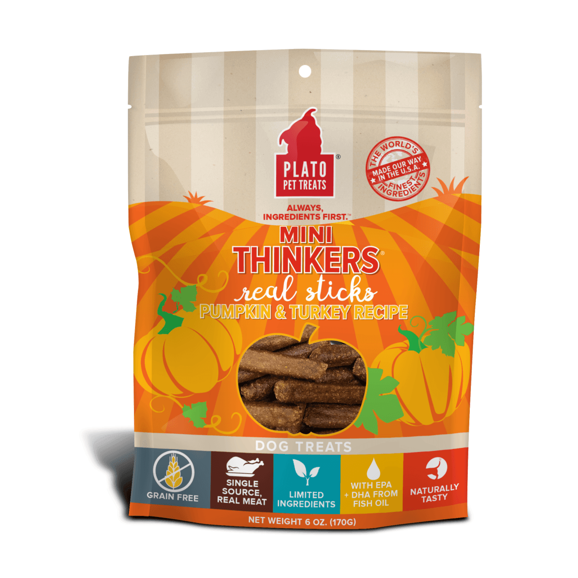 Plato Pet Treats Mini Thinkers Grain Free Pumpkin & Turkey Meat Stick Dog Treats - 85g - Dog Treats - Plato Pet Treats - PetMax Canada