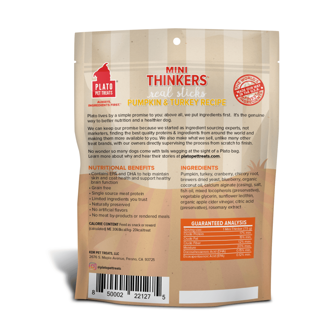 Plato Pet Treats Mini Thinkers Grain Free Pumpkin & Turkey Meat Stick Dog Treats - 85g - Dog Treats - Plato Pet Treats - PetMax Canada