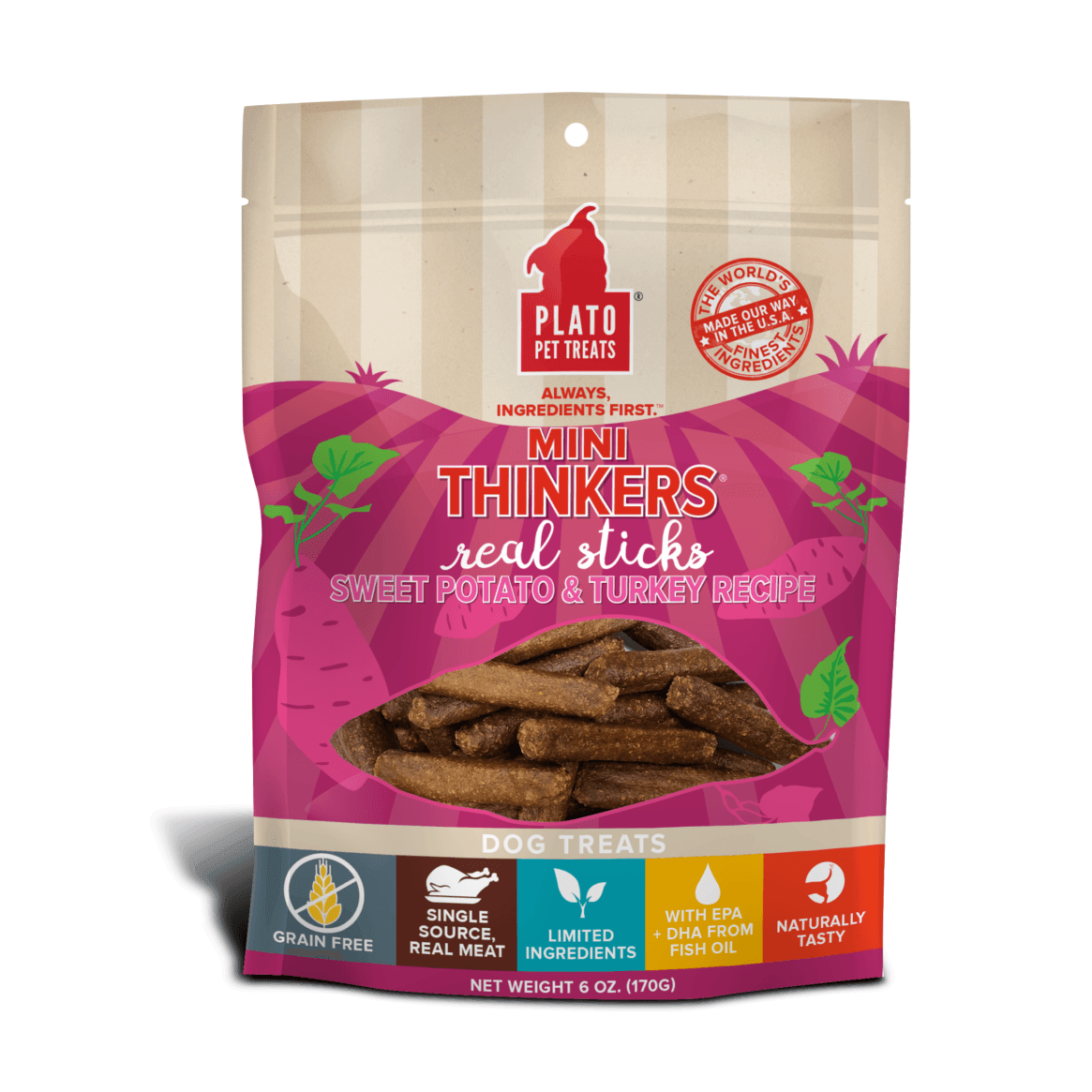 Plato Pet Treats Mini Thinkers Grain Free Sweet Potato & Turkey Meat Stick Dog Treats - 85g - Dog Treats - Plato Pet Treats - PetMax Canada