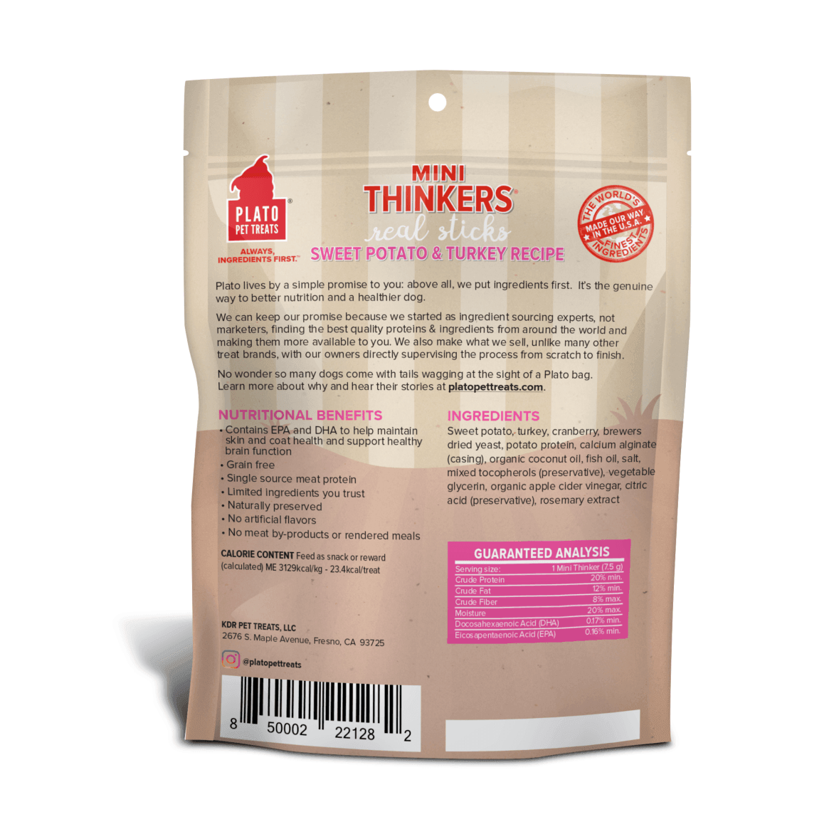 Plato Pet Treats Mini Thinkers Grain Free Sweet Potato & Turkey Meat Stick Dog Treats - 85g - Dog Treats - Plato Pet Treats - PetMax Canada