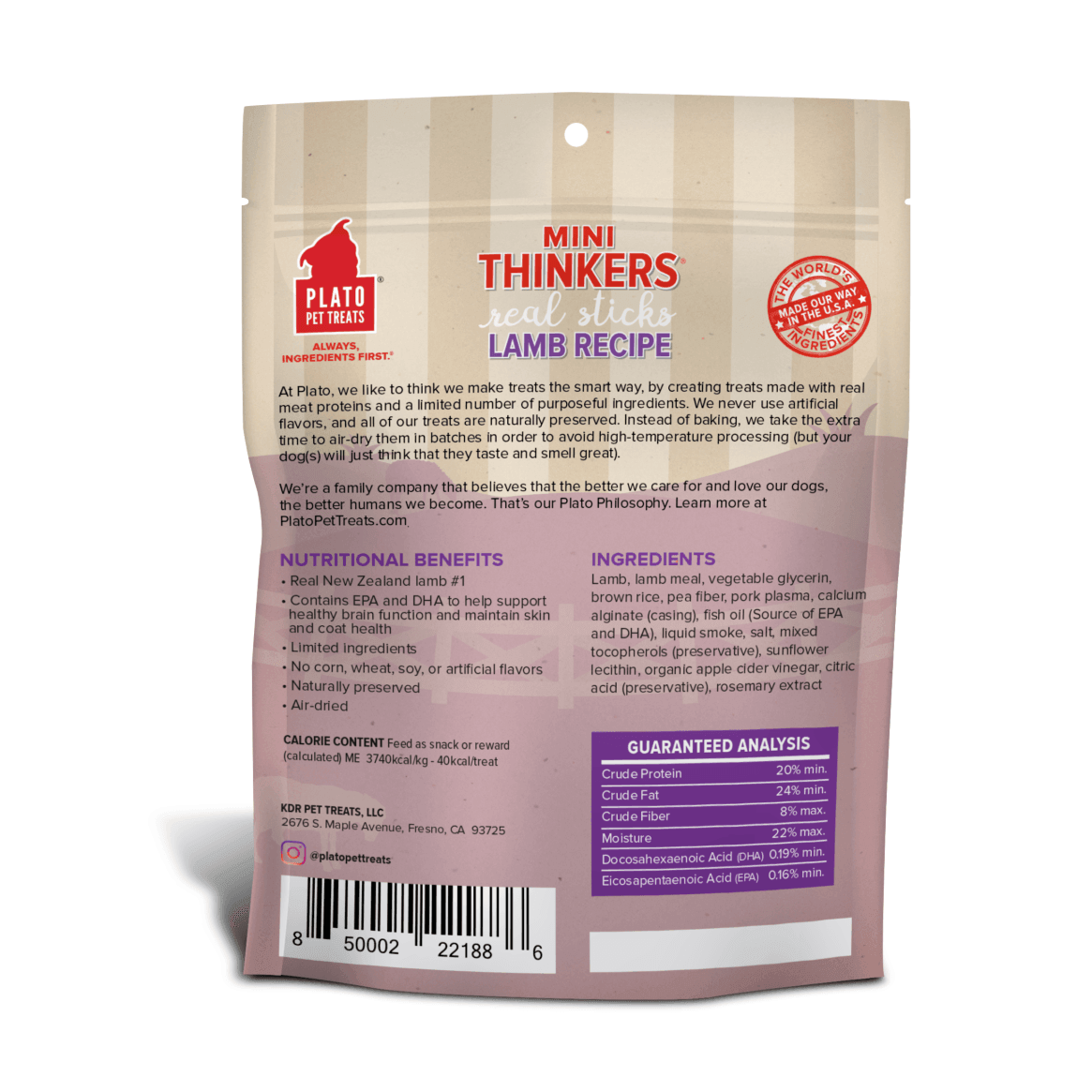 Plato Pet Treats Mini Thinkers Lamb Meat Stick Dog Treats - 85g - Dog Treats - Plato Pet Treats - PetMax Canada