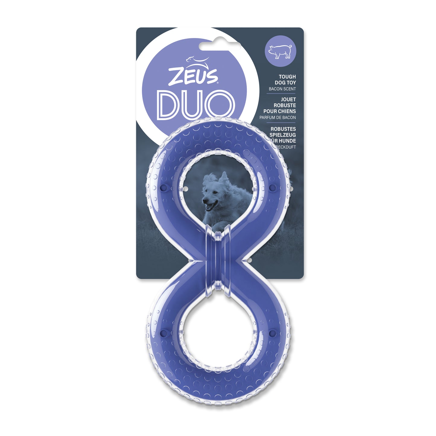 Zeus Duo Dog Toy Figure 8 Tug Bacon Scent Purple Dog Toys | PetMax Canada