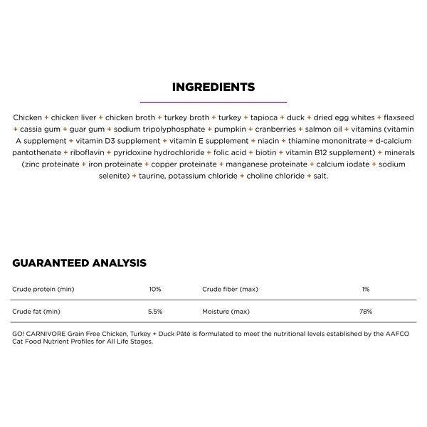 Go! Cat Food Carnivore Grain Free Tetra Pak Chicken, Turkey, Duck - 182g - Canned Cat Food - Go! - PetMax Canada