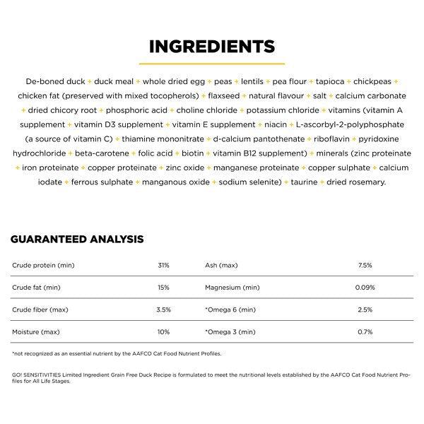 GO! SENSITIVITIES Limited Ingredient Grain Free Duck for cats - 1.360Kg - Cat Food - Go! - PetMax Canada