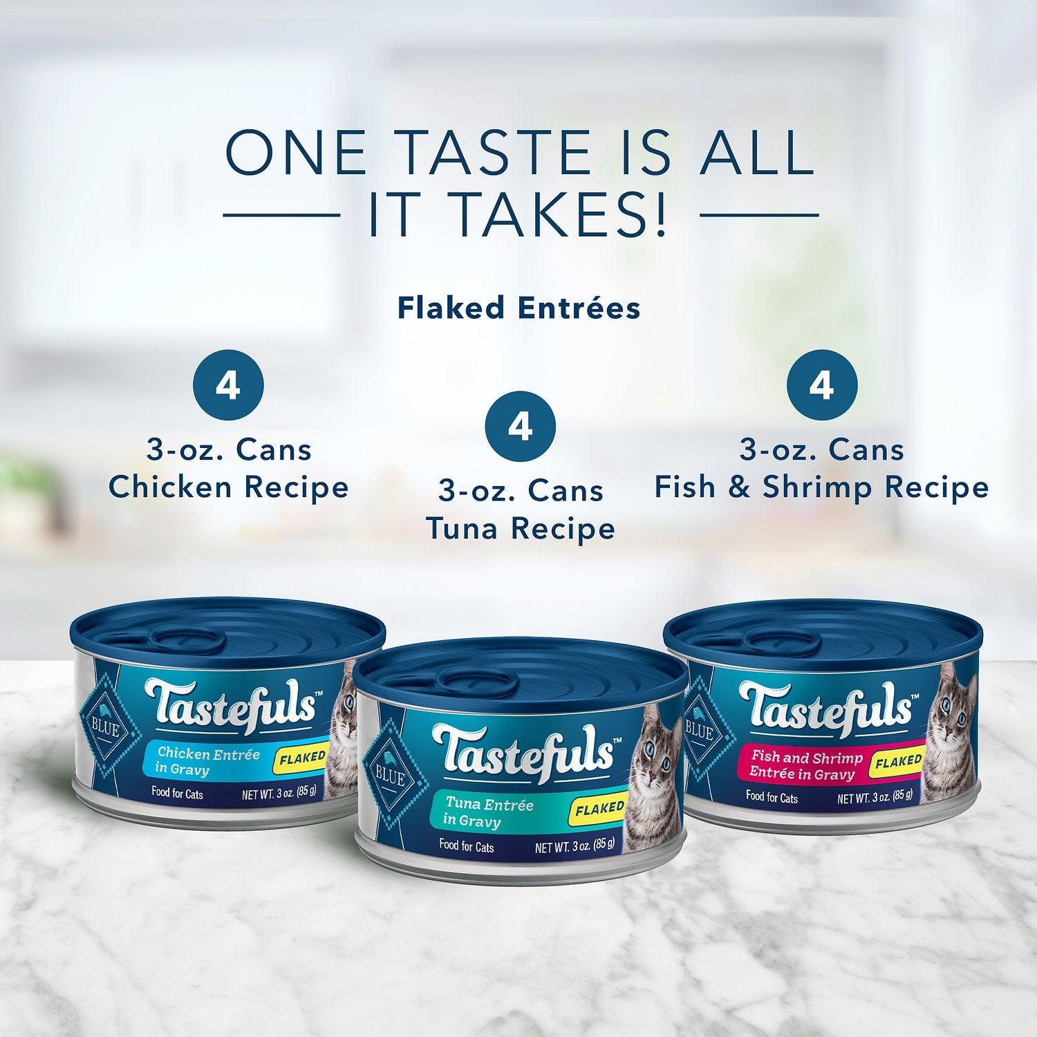 Blue Buffalo Tastefuls Tuna, Chicken, Fish & Shrimp Entrées Variety Pack Flaked Wet Cat Food - 12 x 85g - Canned Cat Food - Blue Buffalo - PetMax Canada