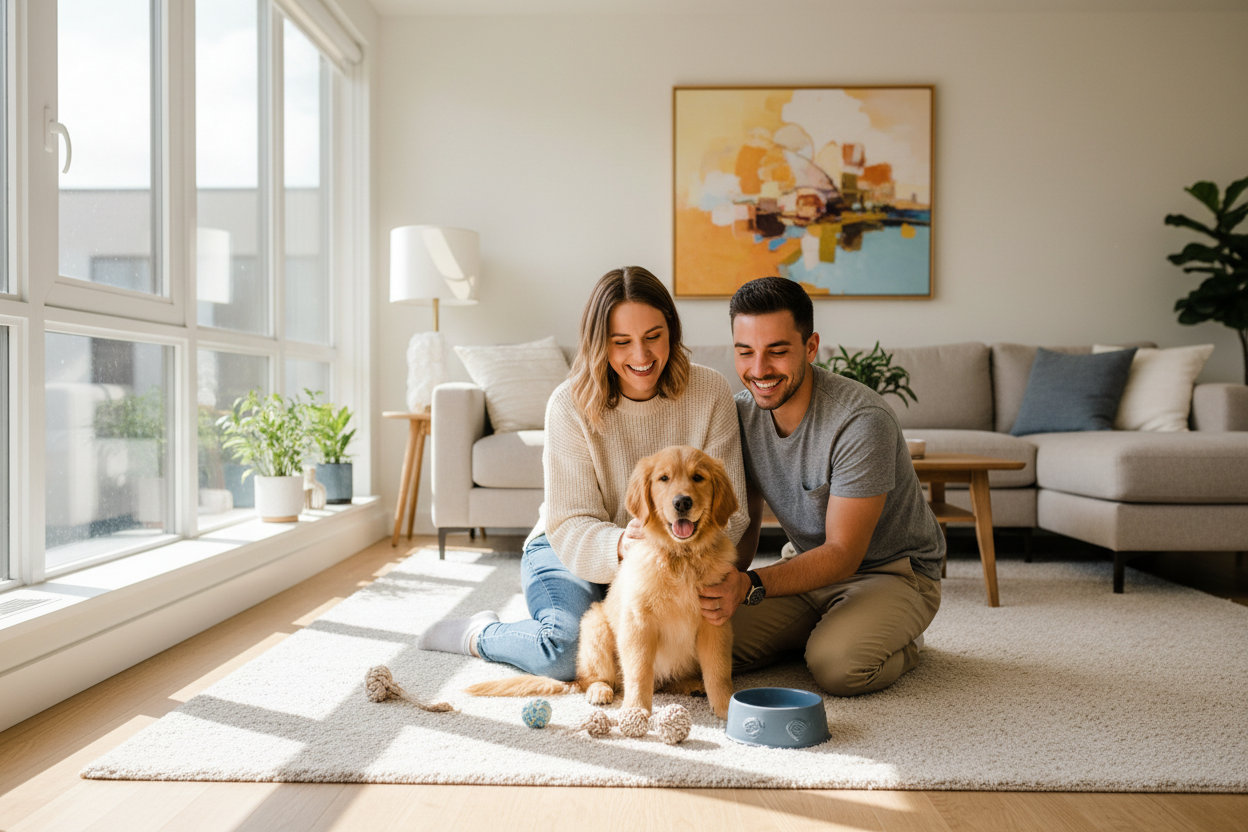 Happy couple with golden retriever puppy in modern living room - first-time dog owner guide