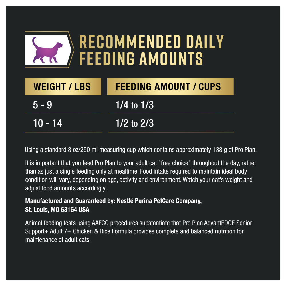 Purina Pro Plan AdvantEDGE Senior Support+ Chicken & Rice Formula Adult 7+ Dry Cat Food - feeding guide