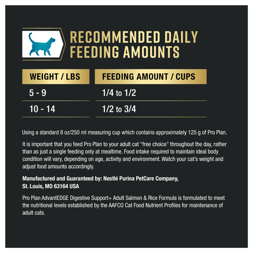 Purina Pro Plan AdvantEDGE Digestive Support+ Salmon & Rice Formula Adult Dry Cat Food - feeding guide