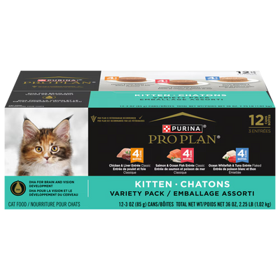 Purina Pro Plan kitten food variety pack on a white background