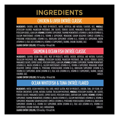 Ingredients list for chicken, liver, salmon, ocean fish, and ocean whitefish & tuna entrees on a black background.