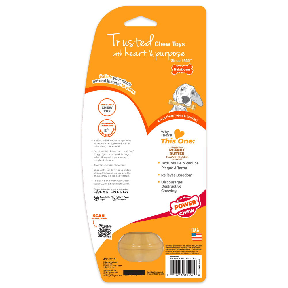 Nylabone Power Chew Textured Bone Dog Chew Toy - Peanut Butter - Back of package with sizing, safety and care directions - Nylabone - PetMax Canada