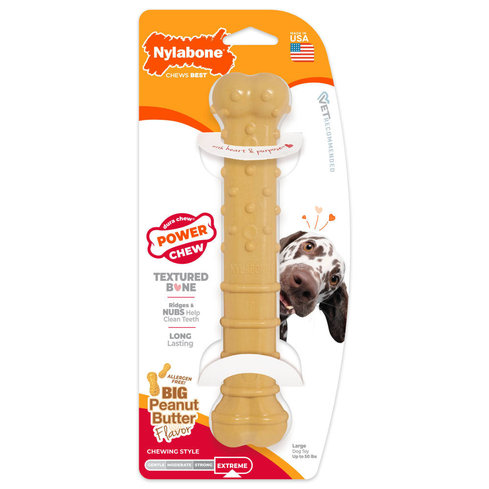 Nylabone Power Chew Textured Bone Dog Chew Toy - Peanut Butter - Large in package, front view - Nylabone - PetMax Canada