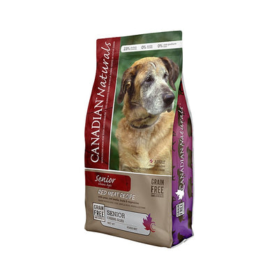 Dog food package for senior dogs with a visible brand logo on a white background