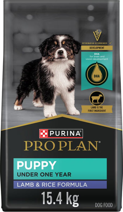 Purina Pro Plan puppy food package with a puppy on a gray background