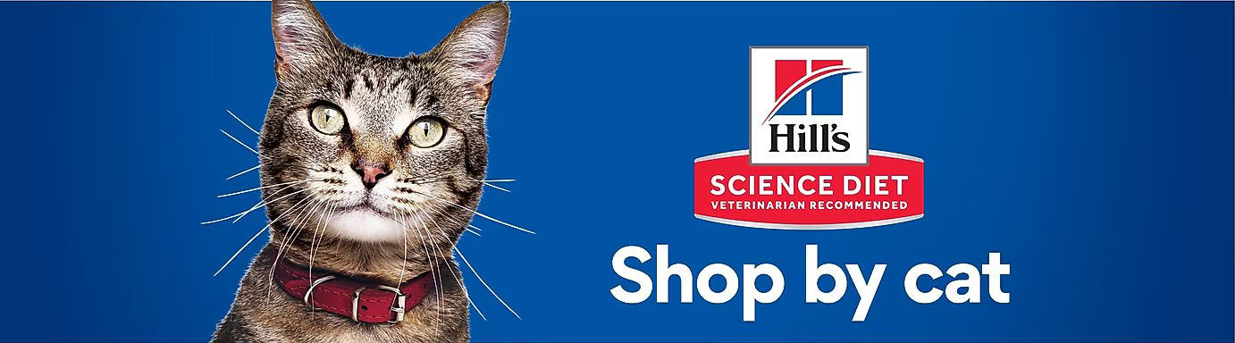Shop Cat Products with Hills Science Diet logo and text on a blue background