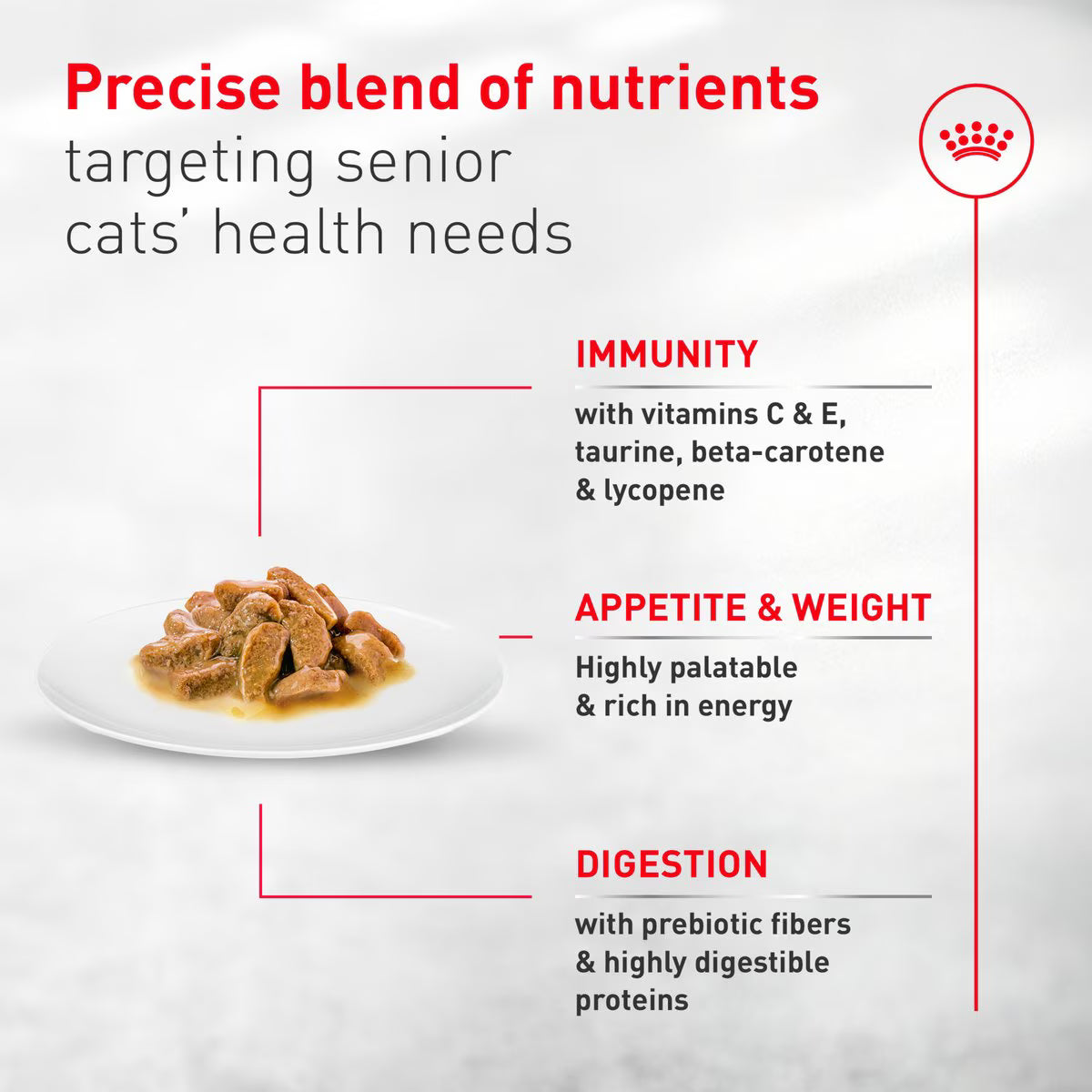 Cat food on a plate with text about nutrient blend for senior cats' health needs.