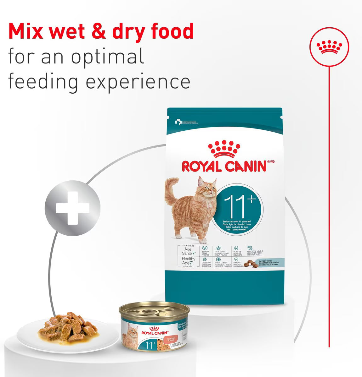 Royal Canin cat food package with wet food and a can on a white background