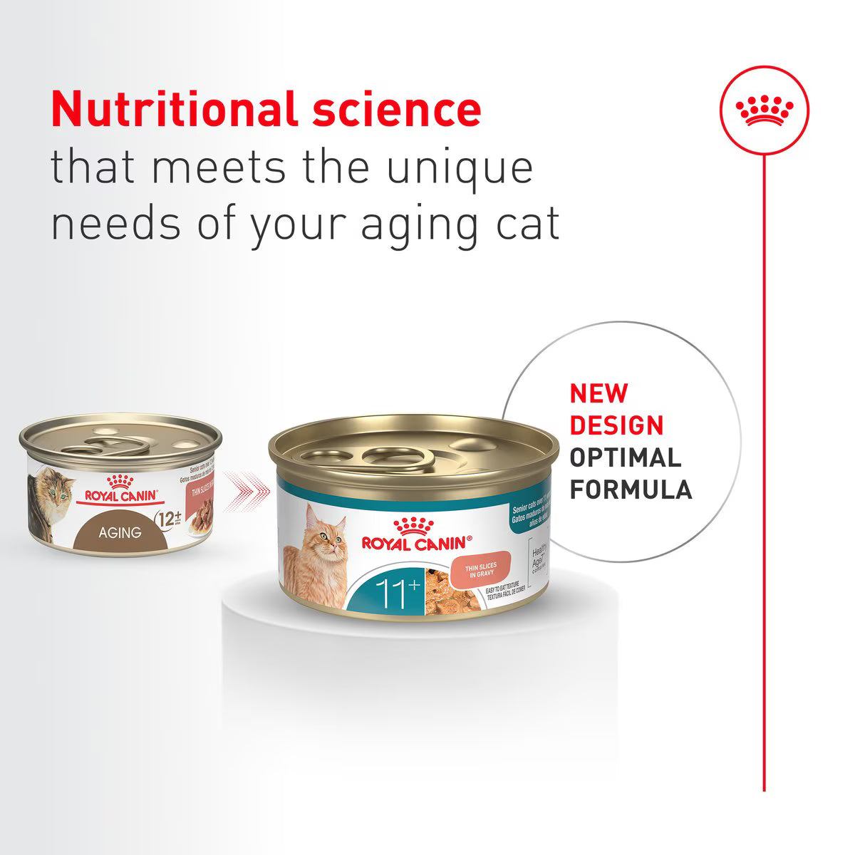 Two cans of Royal Canin cat food with text highlighting nutritional science for aging cats on a white background.