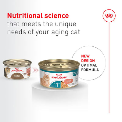 Two cans of Royal Canin cat food with text highlighting nutritional science for aging cats on a white background.