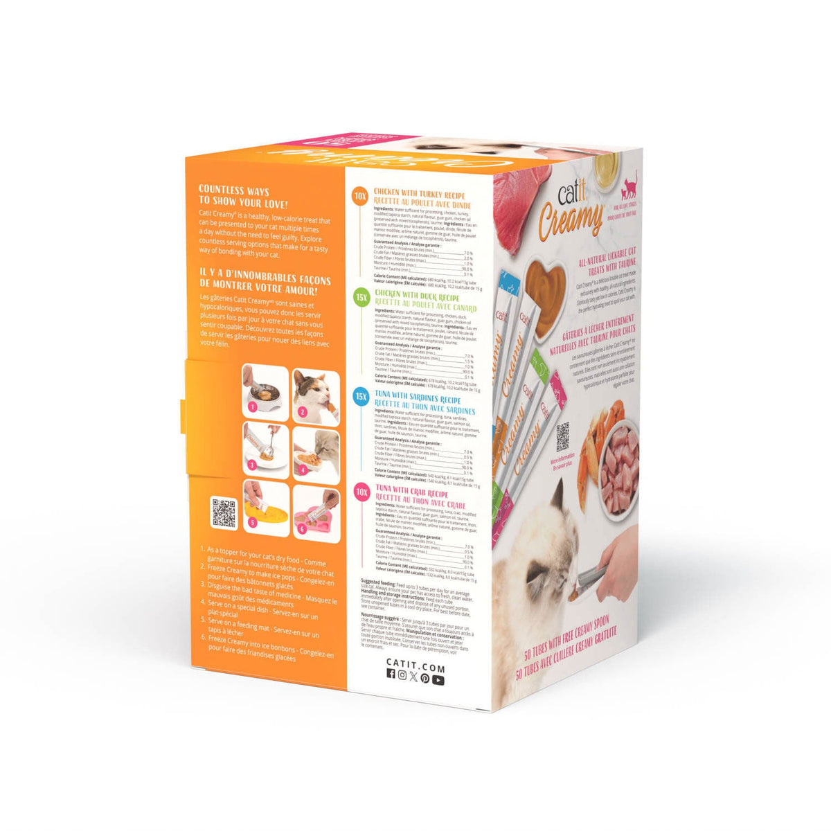Catit Creamy Lickable Cat Treats Party Pack with Spoon - back of box with ingredients and serving ideas - PetMax Canada