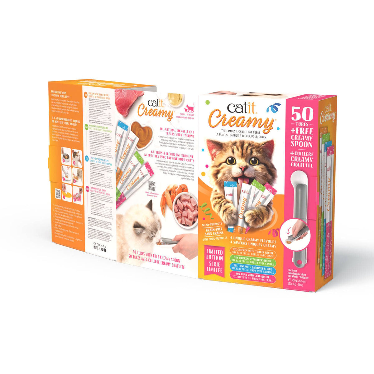 Catit Creamy Lickable Cat Treats Party Pack with Spoon - back and front of the 50-tube box - PetMax Canada
