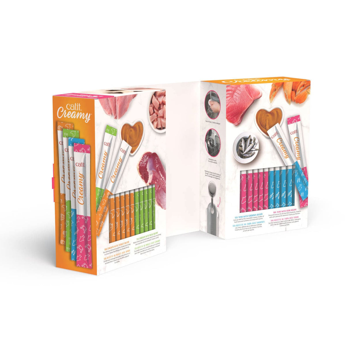 Catit Creamy Lickable Cat Treats Party Pack with Spoon - inside of the box with spoon features - PetMax Canada